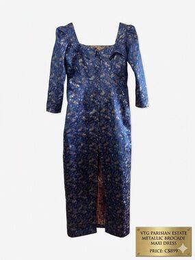 VTG Parisian Estate Custom Blue Metallic Brocade Maxi Dress Coat Puff 1980s